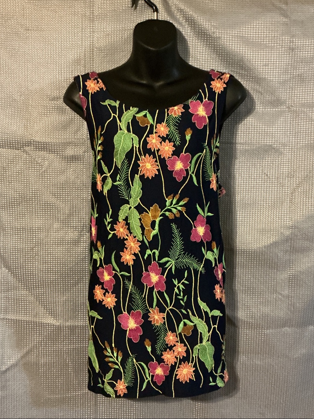 Anthropologie Navy Floral Embroidered Sleeveless Top with Pink & Green Details